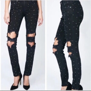 Carmar Black Rhinestone Bedazzled Busted Knee‎ Slim Straight Jeans Size 28